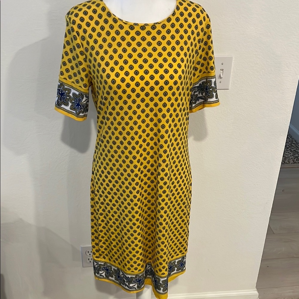 Michael Kors Yellow Sheath Midi Dress with Print Sleeves